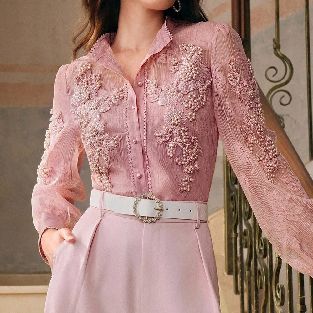 Pink Elegant Women's Long Sleeve Sheer Regal Pearl Floral Shirt
